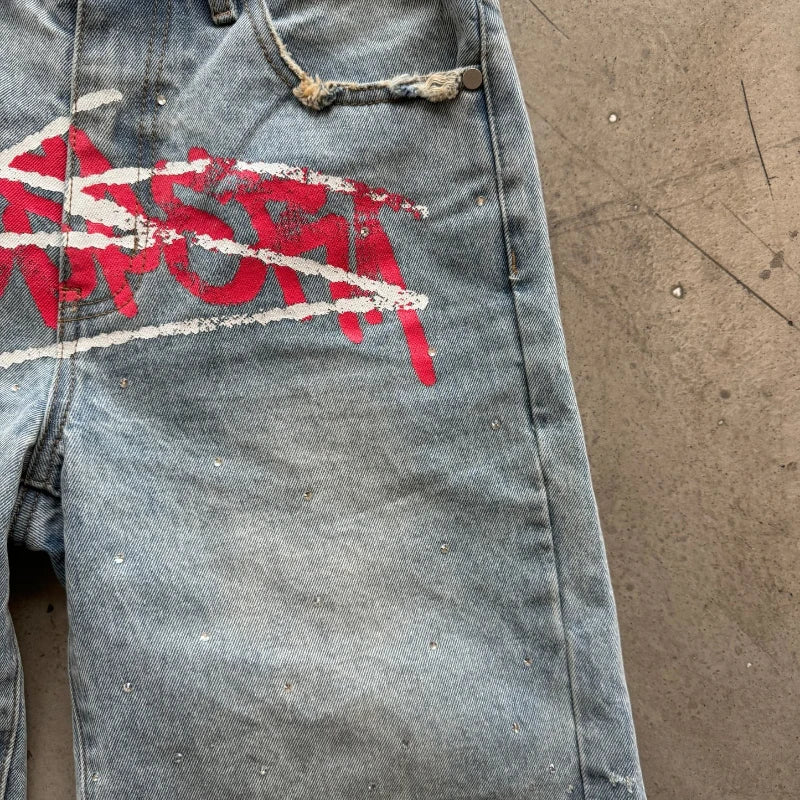 Y2K Graffiti Jorts Rhinestone Denim