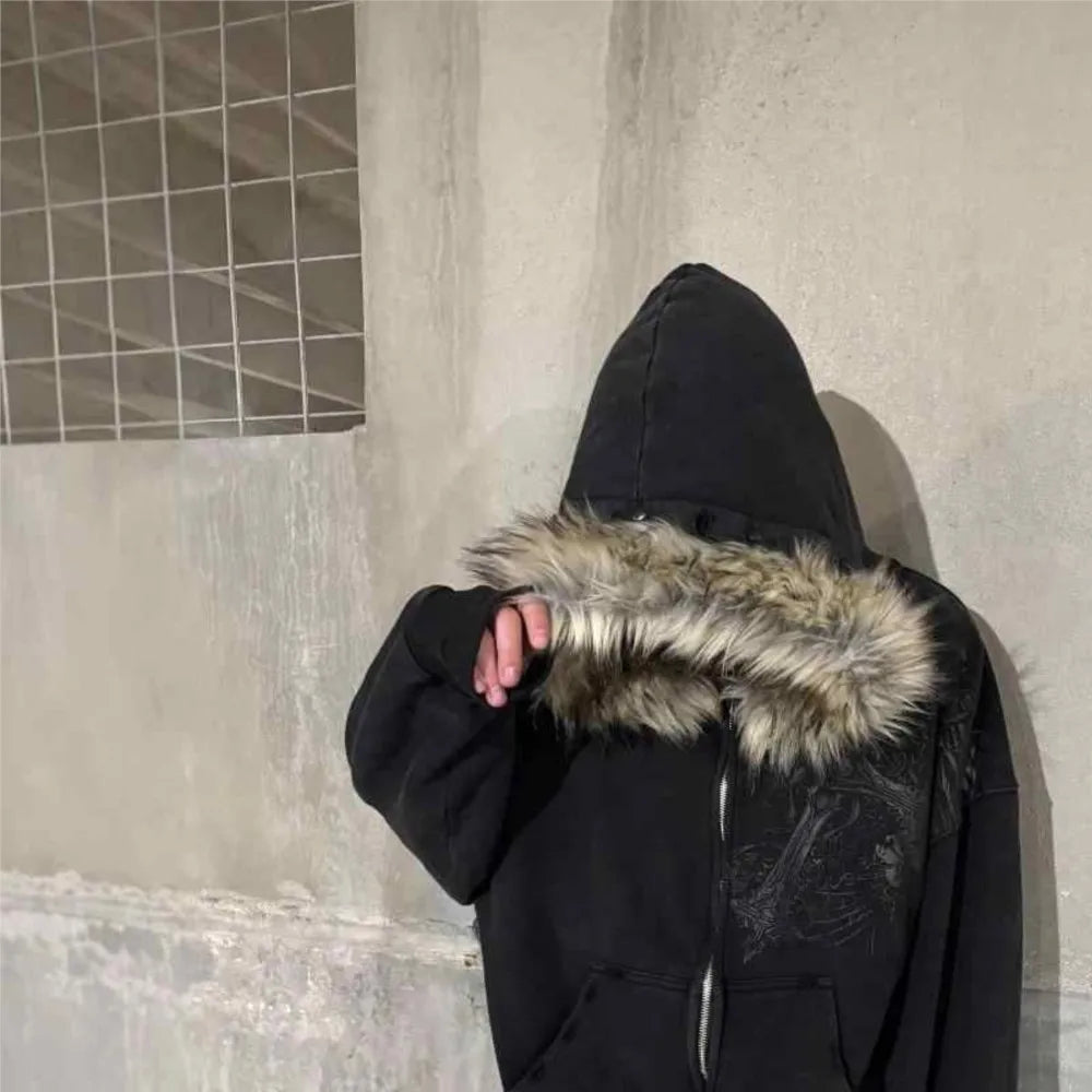 Y2K Zip up Hoodie Faur Collar
