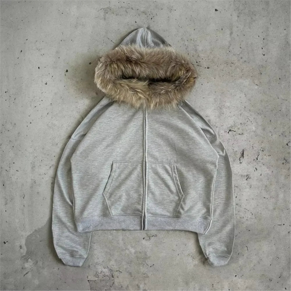 Y2K Zip up Hoodie Faur Collar
