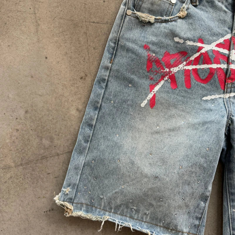 Y2K Graffiti Jorts Rhinestone Denim