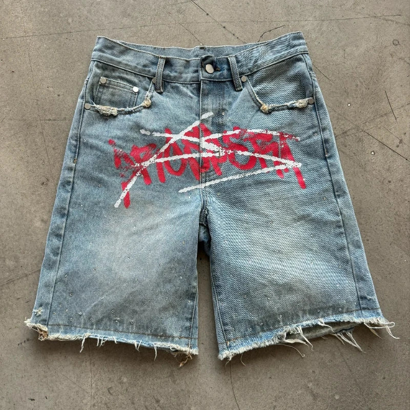 Y2K Graffiti Jorts Rhinestone Denim