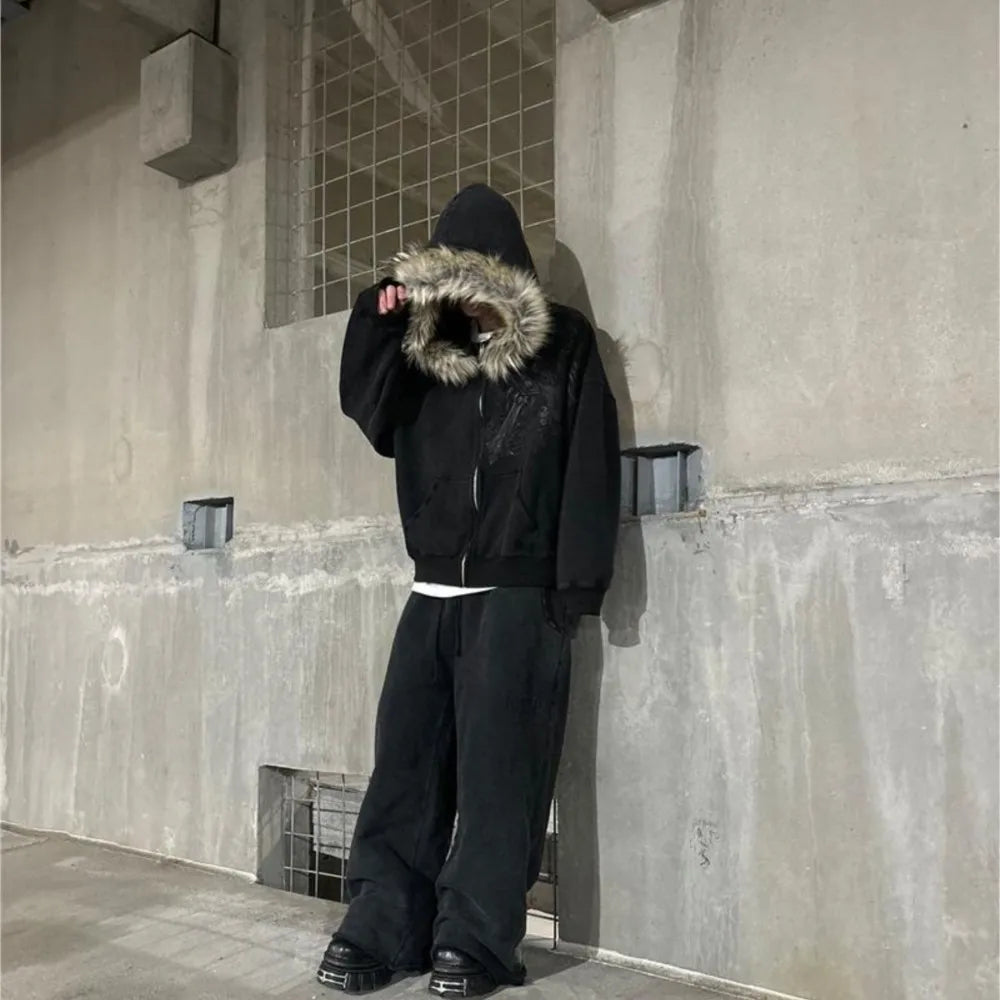 Y2K Zip up Hoodie Faur Collar