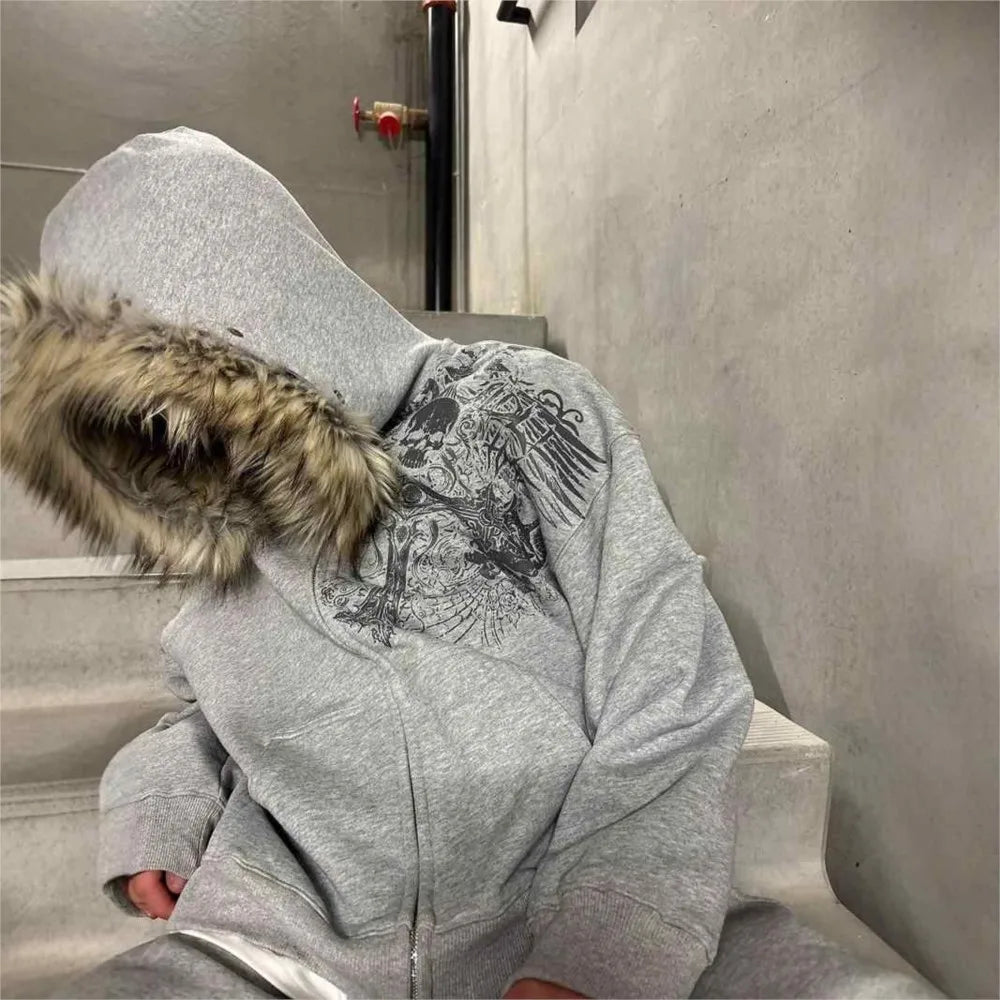 Y2K Zip up Hoodie Faur Collar