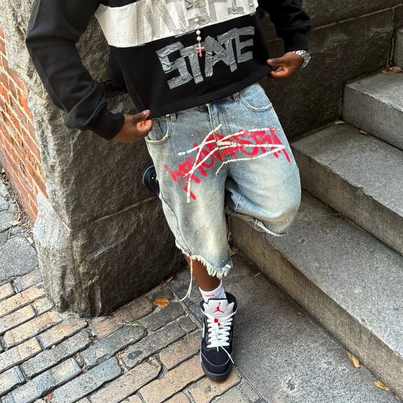Y2K Graffiti Jorts Rhinestone Denim
